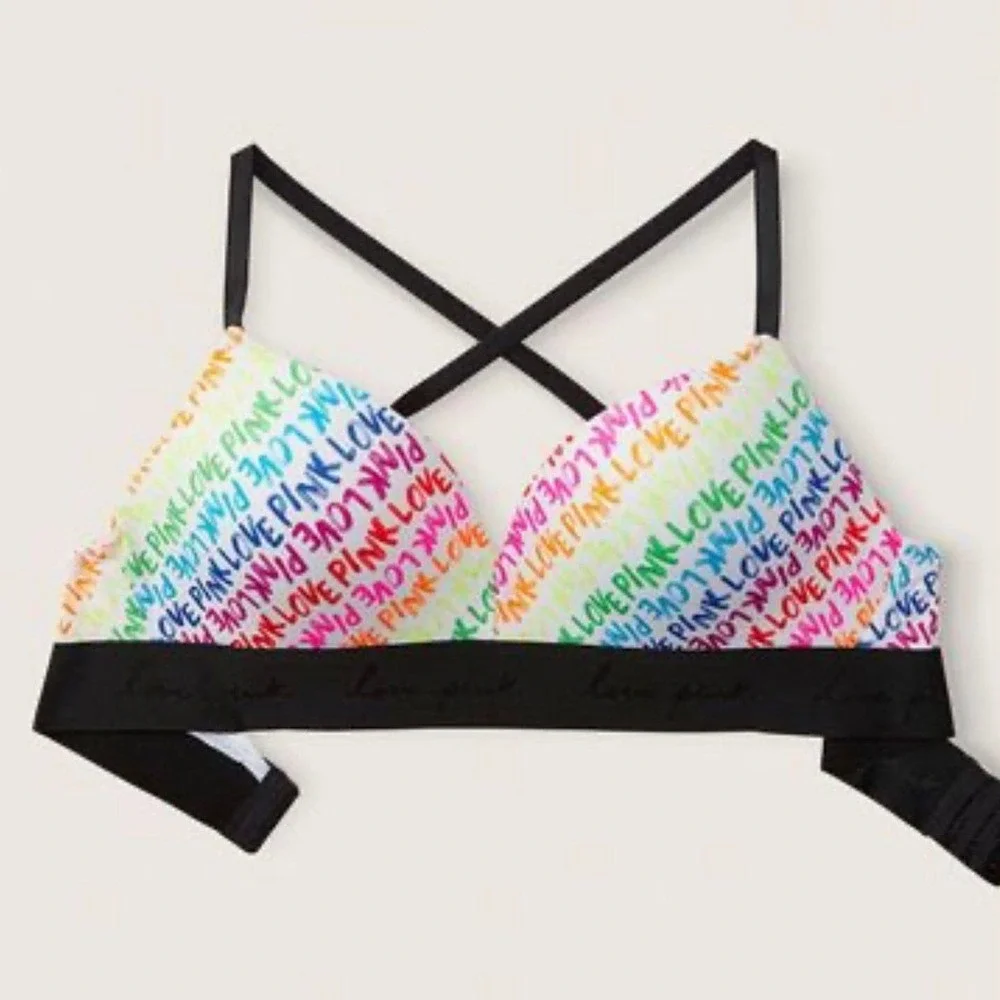 Victoria's Secret PINK Wireless‎ Bra Rainbow Logo Print Black Band Size 32DD NWT